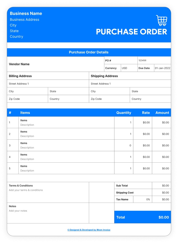 Sample Purchase Order for Construction Company Example