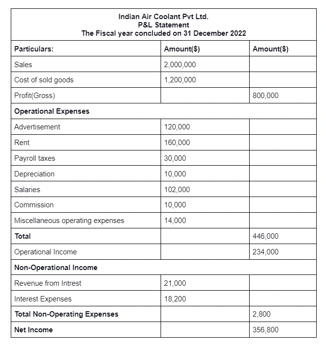 Profit and Loss Statement Example