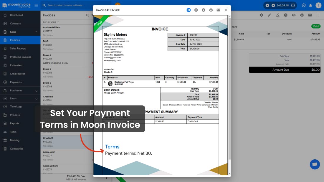 Set Your Payment Terms in Moon Invoice