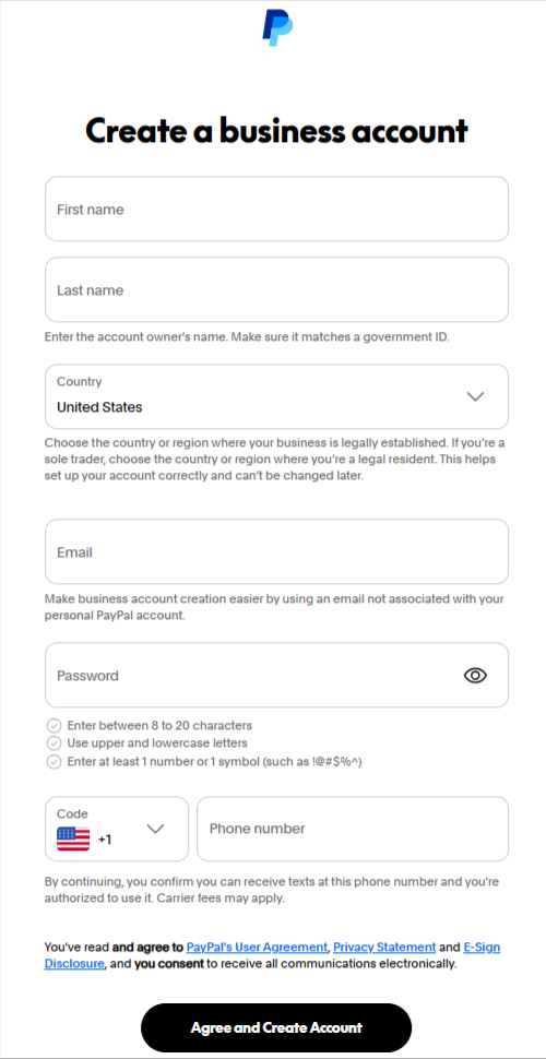 PayPal Business details form